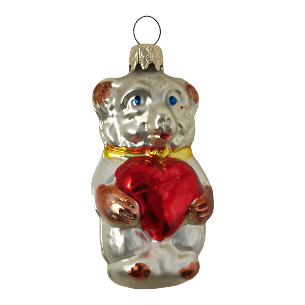 Vintage Bear Glass‎ Christmas Ornament Red Heart 3.5" West Germany Circa 1950s